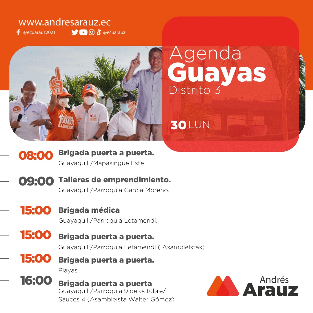 wgomezr's tweet photo. Nuestra agenda del día de hoy en el #DistritotresGuayas, síguenos estamos recuperando la patria y llevando el Plan de Gobierno de @ecuarauz y @rabascallcarlos  a territorio.
@MashiRafael @pabelml @marcelaguinaga @RicardoPatinoEC @Alexandra_Arce https://t.co/syPYm10rhb