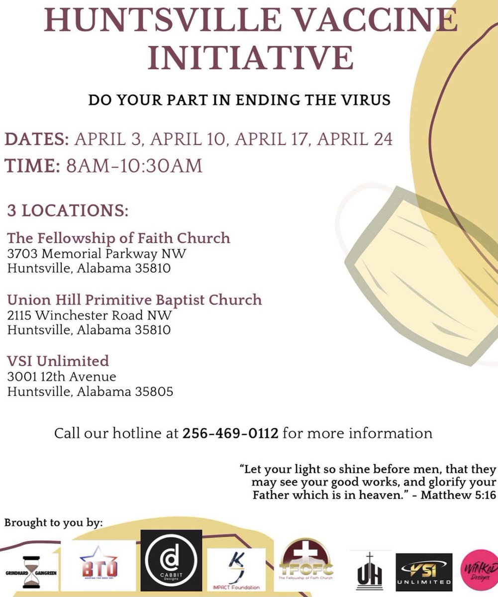 901GHGG's tweet photo. GRINDHARDGAINGREEN will be partnering with organizations in Huntsville, Alabama every Saturday in April to provide assistance for people who need help signing up to get their COVID-19 Vaccine! Spread the word amongst your circles &amp; let’s do our part in helping end the virus!

⏳ https://t.co/FnZj7gvWE6