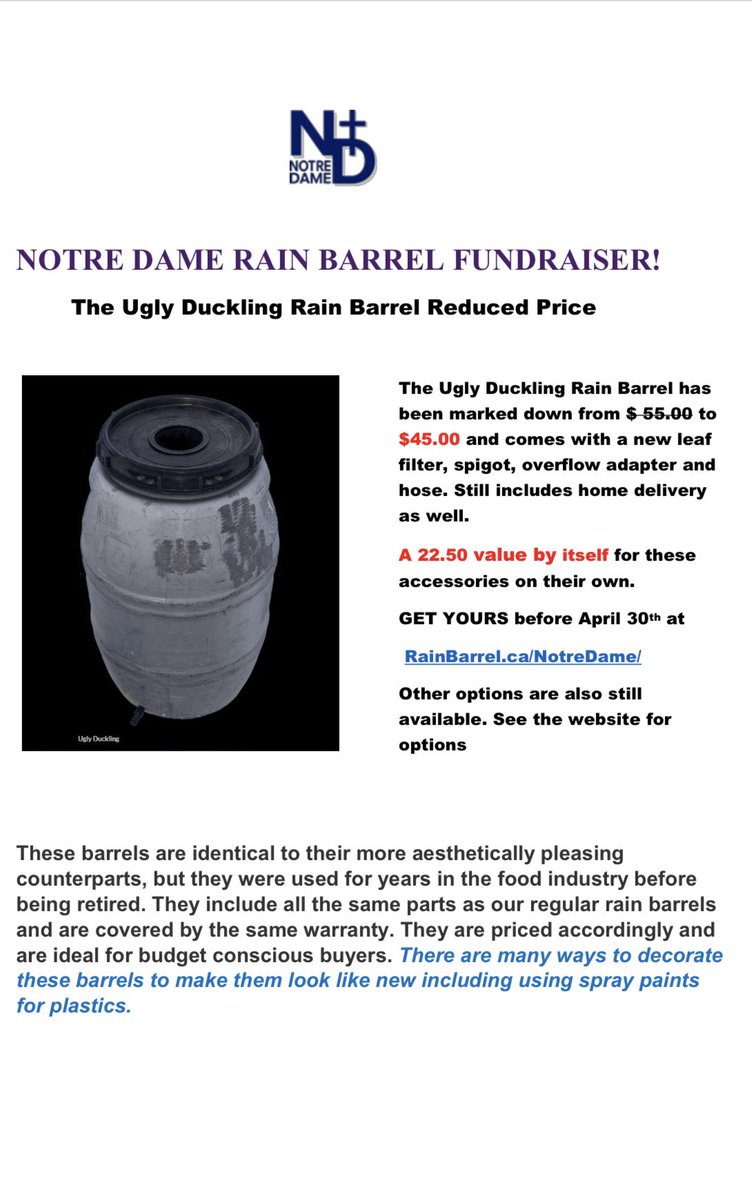 Ugly Duckling Rain Barrel on Sale!  Notre Dame Secondary School Fundraiser 
RainBarrel.ca/NotreDame/
Now only $45.00 Get one before they are all gone !! #rainbarrel <a href="/RainBarreldotCA/">RainBarrel.ca</a> <a href="/RBFundraisingdo/">RainBarrelFundraising.com</a> <a href="/notredame_css/">Notre Dame CSS</a> <a href="/DurhamCatholic/">Durham Catholic District School Board</a> <a href="/newsdurham/">durhamregion.com</a> <a href="/DCPIC/">Durham Catholic PIC</a>