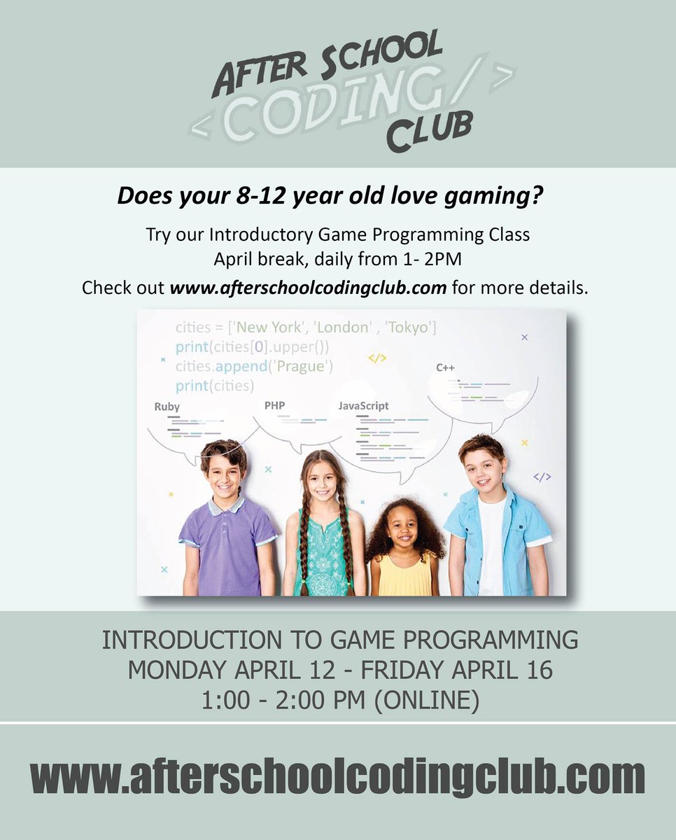 JoinCodingClub's tweet image. Come join us for our April break introduction to programming camp! We still have some spots available.
eventbrite.com/e/coding-club-…