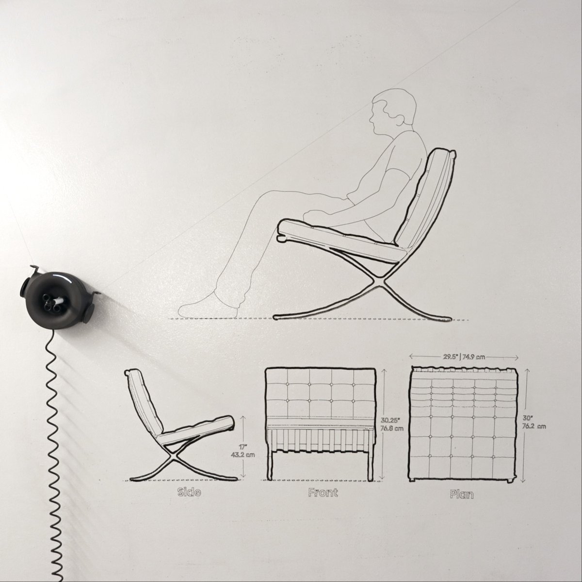 Scribit_Design's tweet image. Calling out all interior design enthusiasts: The #BarcelonaChair by #MiesVanDerRohe - a patent sketch, performed by Scribit on our Dry Erase paint with Whiteboard Markers 🪑