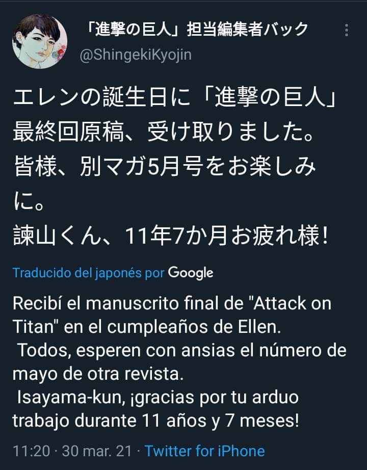 El capítulo final del manga ha sido entregado, como parte de la comunidad hispana de Ataque a los Titanes, los invitamos a poner durante los próximos días el numeral #EntreguenSusCorazonesPorSiempre para despedir este gran trabajo que duró 11 años y medio.