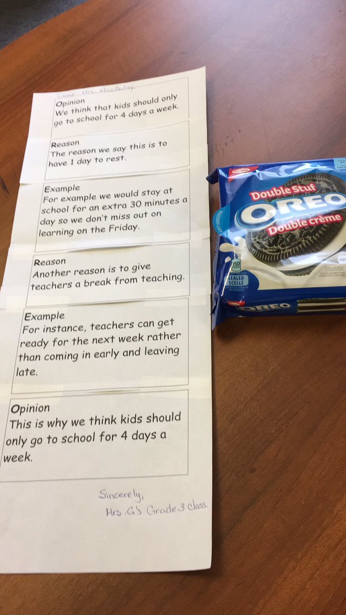 macaulay_tracy's tweet photo. What a wonderful, persuasive surprise from Ms. G’s class @StRitaOCSB this am, complete with Double Oreos (Opinion Reason Example Reason Example Opinion!!) https://t.co/B68ZObdNQV