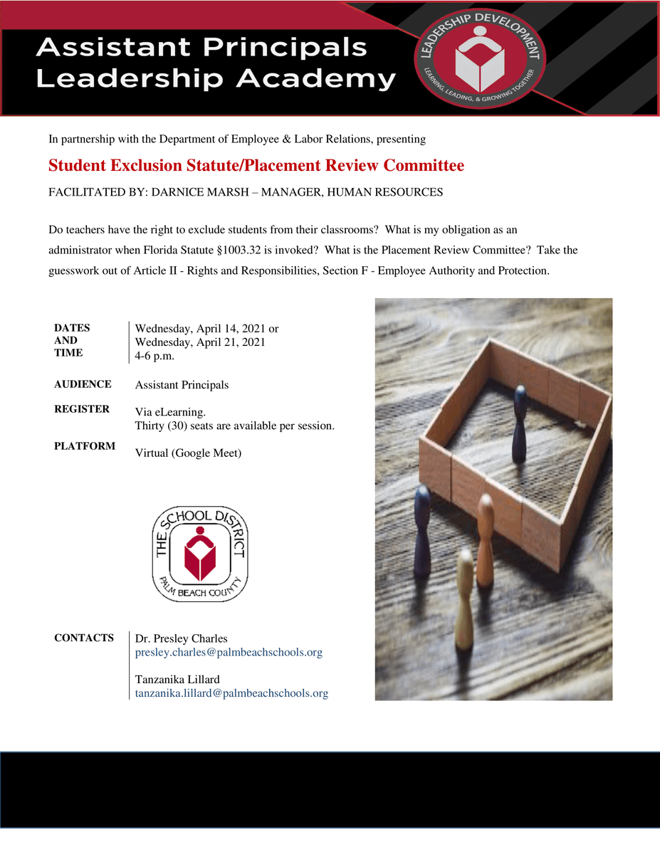 presleycharles's tweet photo. Assistant Principals Leadership Academy in partnership with the Department of Employee &amp;Labor Relations - Join us to learn more about the Student Exclusion/Placement Review Committee. Register via eLearning. #LearningLeadingAndGrowingTogether #KnowBetterDoBetter https://t.co/nokq721RMc