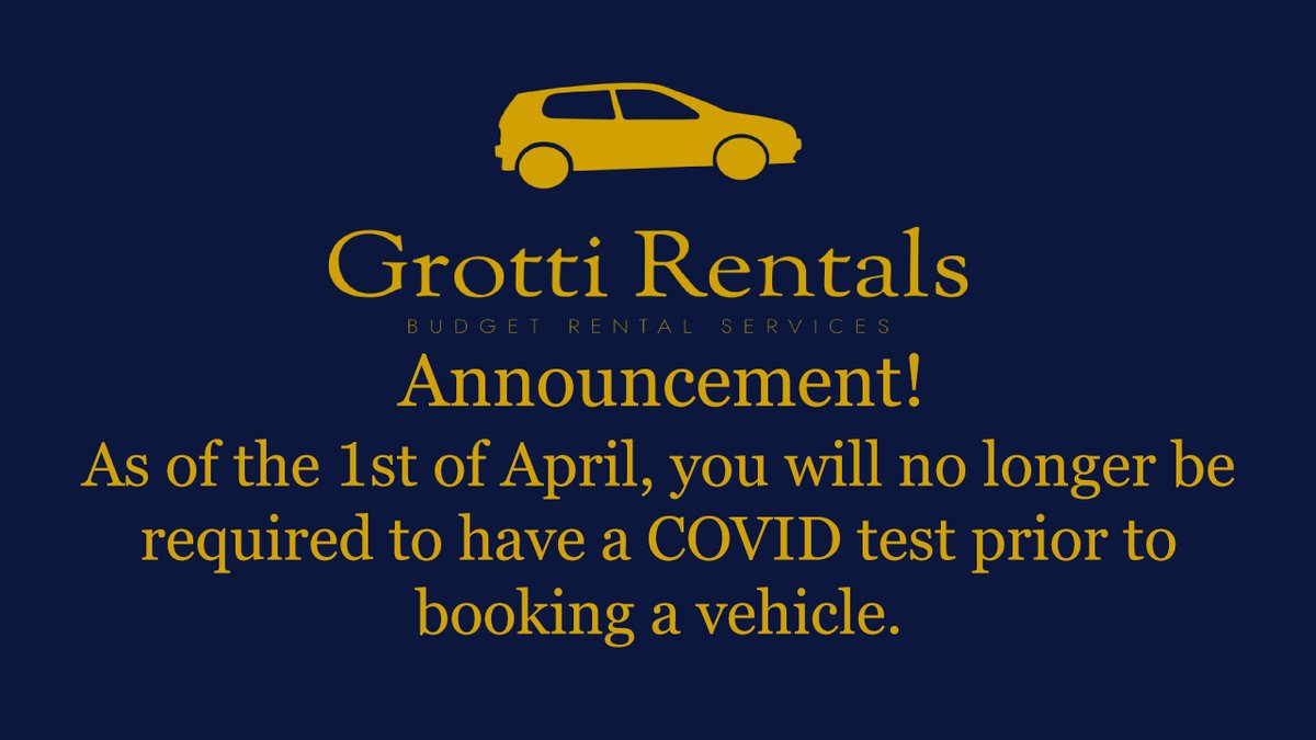 GrottiRentals's tweet photo. You no longer have to get a COVID test prior to booking one of our vehicles.

#car_rental #rent_a_car #rental_cars #car_hire #car_lease #hire_a_car https://t.co/rYWOTcOaya