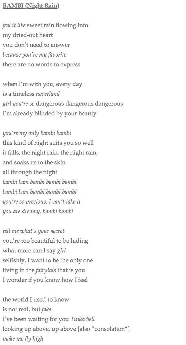 wildhoney_b's tweet photo. [ENG TRANS]
#BAEKHYUN "Bambi (Night Rain)" LYRICS https://t.co/KutCdXA6Fx