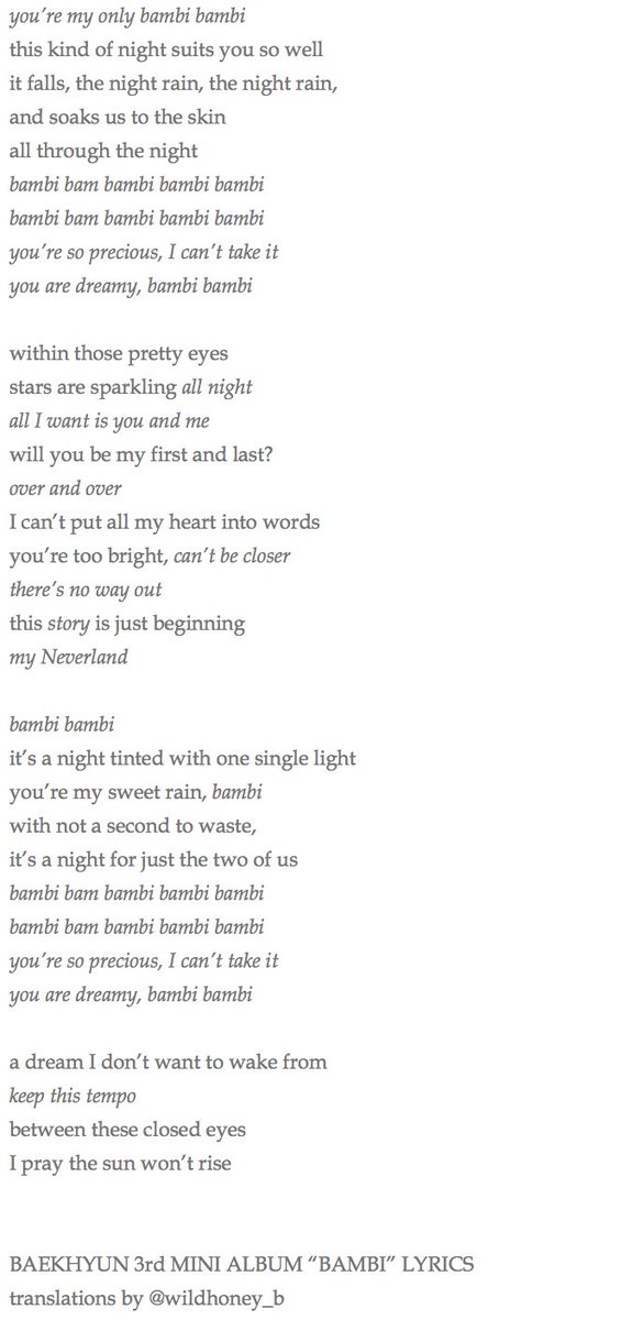 wildhoney_b's tweet photo. [ENG TRANS]
#BAEKHYUN "Bambi (Night Rain)" LYRICS https://t.co/KutCdXA6Fx