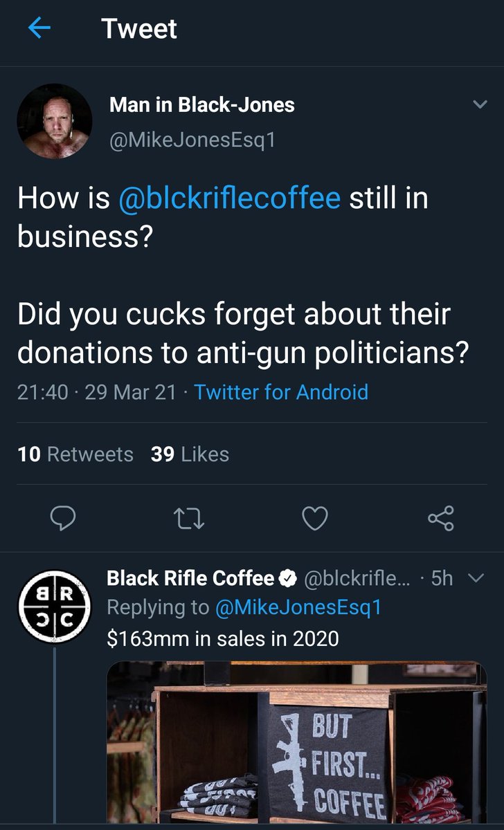 GameFiend's tweet photo. A story in several tweets LOL 

@blckriflecoffee  got butthurt and blocked me.

Wow, for a company "for veterans" you seem awfully thinned skinned when called out on your Anti #2A actions. https://t.co/XyjacjDjuC