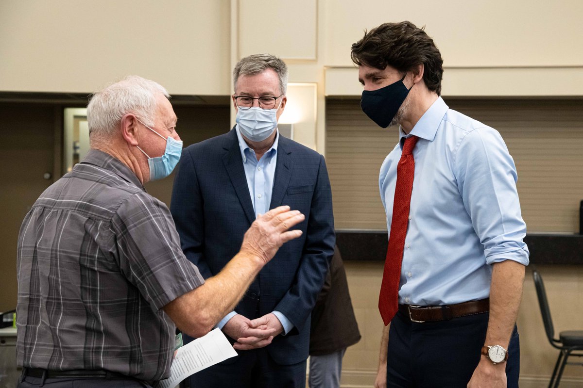 JimWatsonOttawa's tweet photo. This morning Prime Minister @JustinTrudeau, MP @AryaCanada and I visited the Nepean Sportsplex Community Vaccine Clinic to meet with residents who had just received their first dose of vaccine. 

A huge thank you to the staff at the clinic who are doing an incredible job! https://t.co/H0S6pGbmpx
