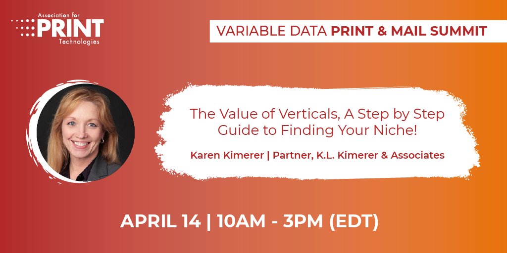 Want to find your niche in the #PRINT industry? Join Karen Kimerer and a panel of Print Service Providers at @APT_Tech's FREE virtual Variable Data Print &amp; Mail Summit!

RSVP Today 📅: bit.ly/3u8V6Dr