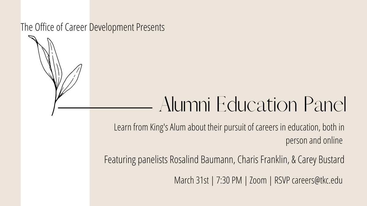 TKC_Careers's tweet photo. Our Spring Alumni Panel @TheKingsCollege is tomorrow! Register for Alumni in Education to hear from alumni Rosalind Baumann, @CareyBustard, @charisfranklin1, and moderator Rachel Shinn. We're talking post-COVID teaching, administration, and higher ed. https://t.co/zZnZ2jrIiQ https://t.co/ZONYVFVMqW