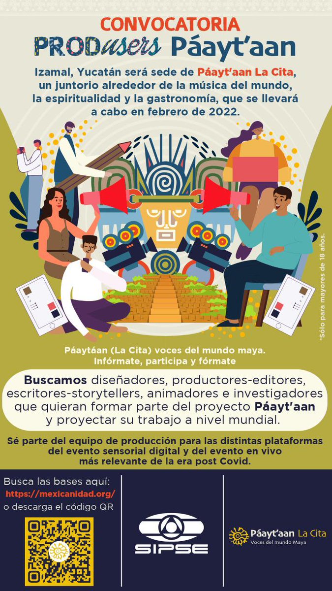 En el #IMEX y #Páayt'aan buscamos formar jóvenes creadores de contenido multimedia así como impulsar sus carreras creativas. Te invitamos a participar en la Convocatoria PRODuser PÁAYT'AAN. Más información y registro: bit.ly/3u3AqfX ¡Anímate! <a href="/mexicanidadd/">Instituto de la Mexicanidad</a>