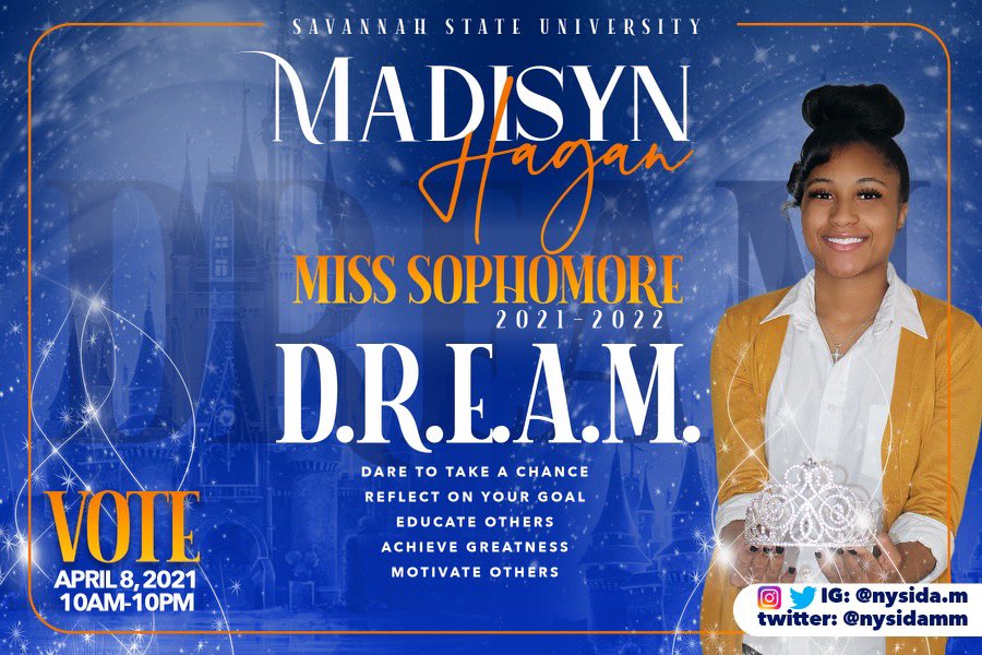 nysidamm's tweet photo. Greetings Tigers 🐅,

My name is Madisyn Hagan, and I am proud to announce that I am vying to be Miss Sophomore for the 2021-2022 academic year. I proudly stand on the platform of D.R.E.A.M.🧡💙
Dream big, Believe in yourself, Achieve greatness✨
#SSU24 #SSUElections2021 #SSU https://t.co/pTlgYSmINZ