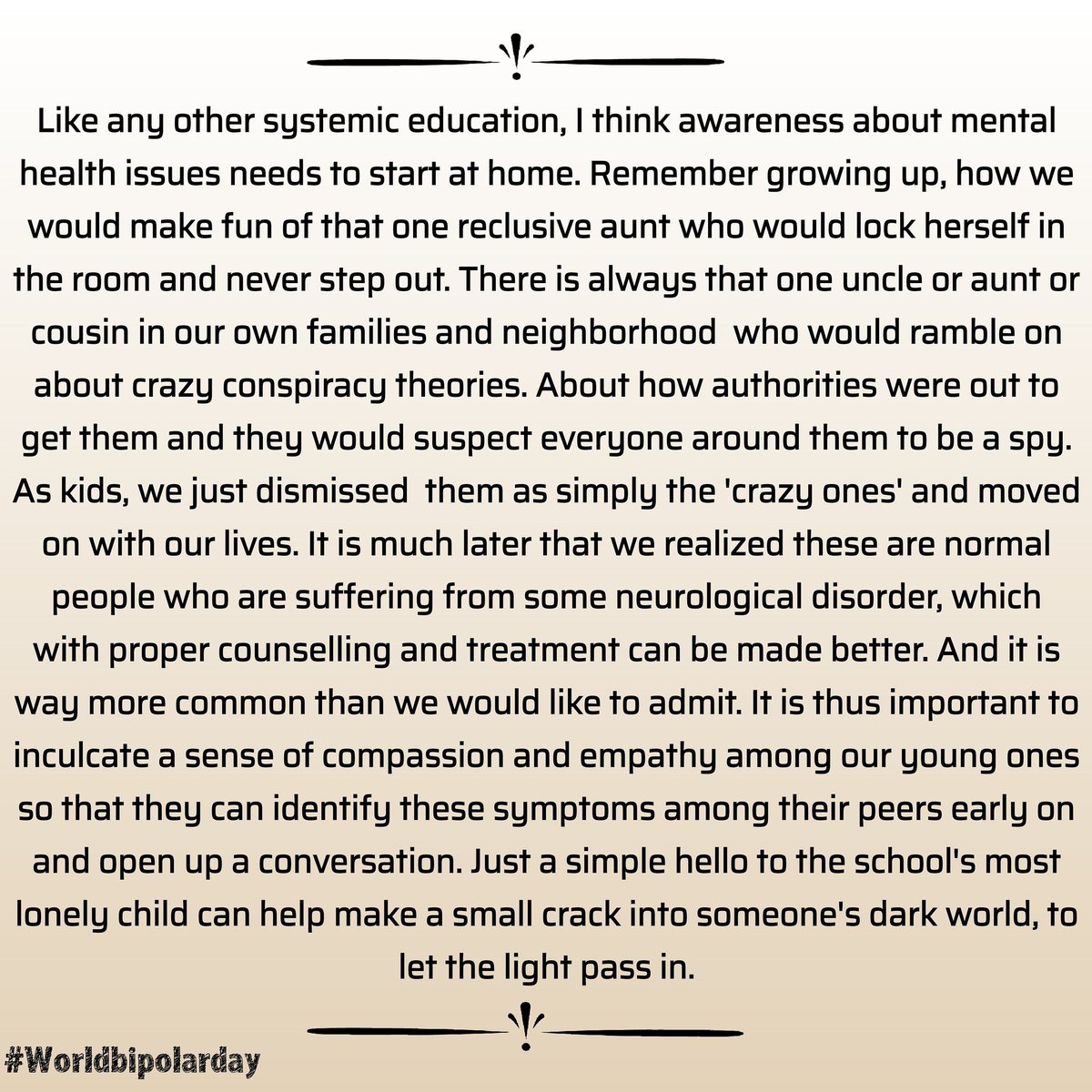 BipolarMahila's tweet photo. Where do you start mental health education?

Work?
School?
University?

Let's find out.

Read and Share.

#WorldBipolarDay 
#mentalhealth 
#depressionisreal 
#bipolardisorder 
#mentalhealthmatters 
#bipolarmahila 
#bipolarwarrior 
#mentalhealtheducation https://t.co/Piz9S5uVdb