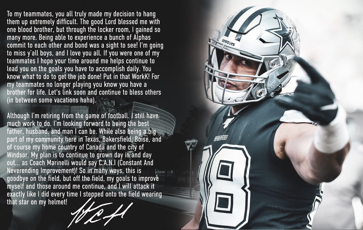 As this chapter as a part of the <a href="/dallascowboys/">Dallas Cowboys</a> organization comes to an end, my story is just getting stared. My next chapter will be my best chapter! Thankful &amp; with a full heart I officially announce my retirement from the <a href="/NFL/">NFL</a> ✭ #OnceACowboyAlwaysACowboy #EarnedMyStar #WorkK