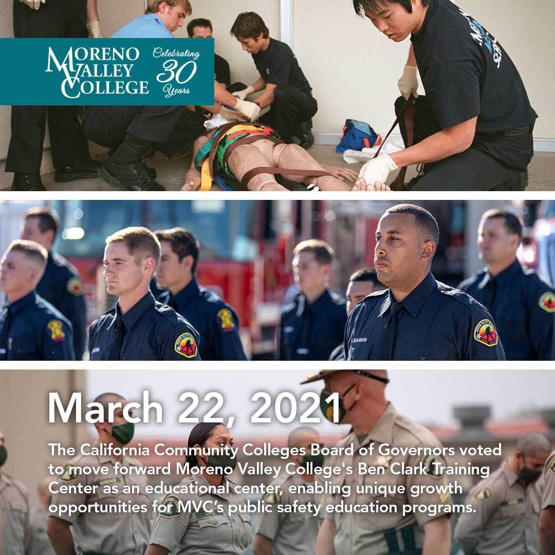 mvcollege's tweet image. Celebrating #30YearsAtMVC! On March 22, 2021, the California Community Colleges Board of Governors voted to move forward Moreno Valley College&apos;s Ben Clark Training Center as an educational center, enabling unique growth opportunities for local public safety education. #mvcollege