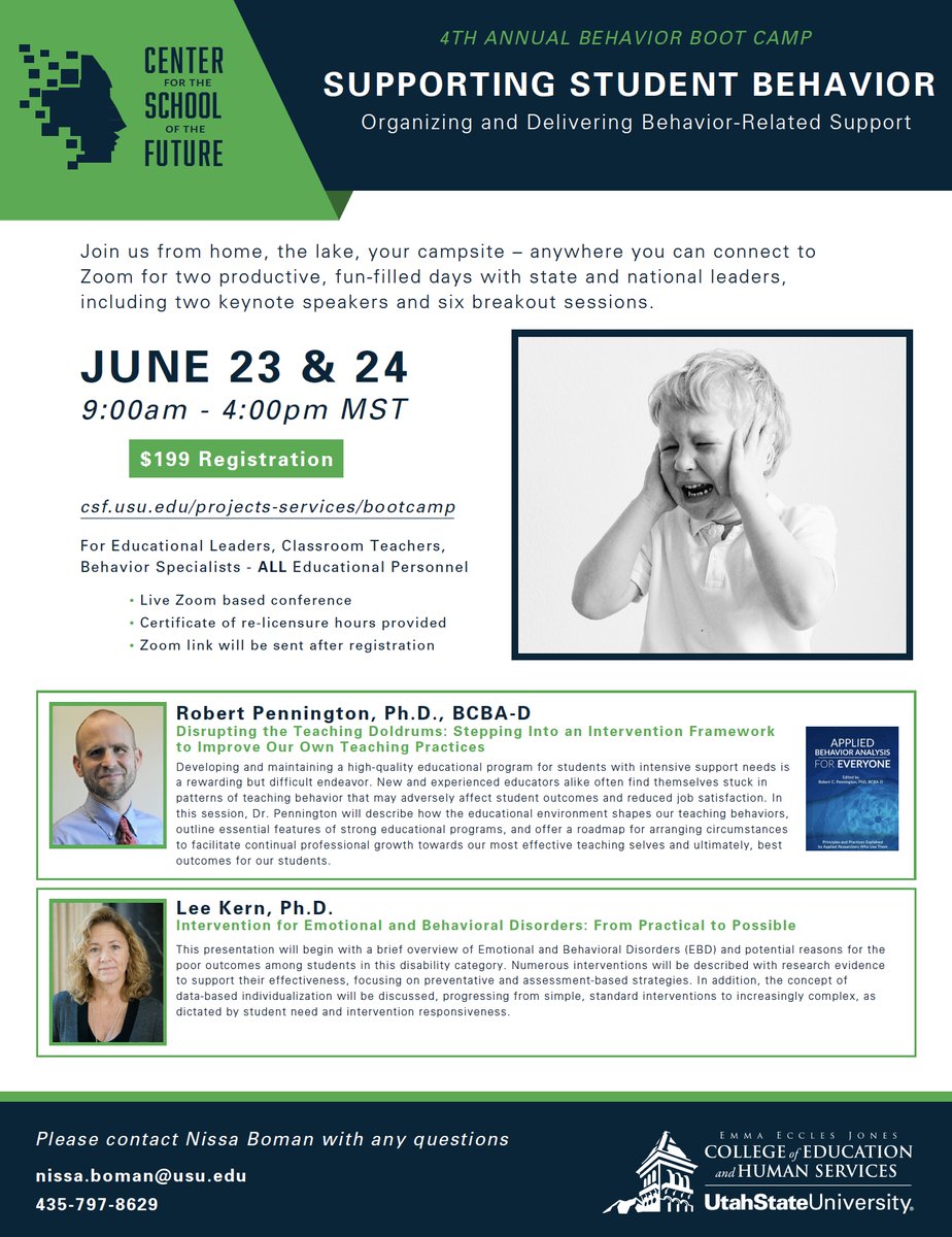 USU_CSF's tweet photo. If you haven't signed up for our 4th Annual Behavior Boot Camp Supporting Student Behavior now is the time!
https://t.co/cJJeqtB77r
#teachers #behavioralhealth #usucsf #education https://t.co/1tJZae0Dnc