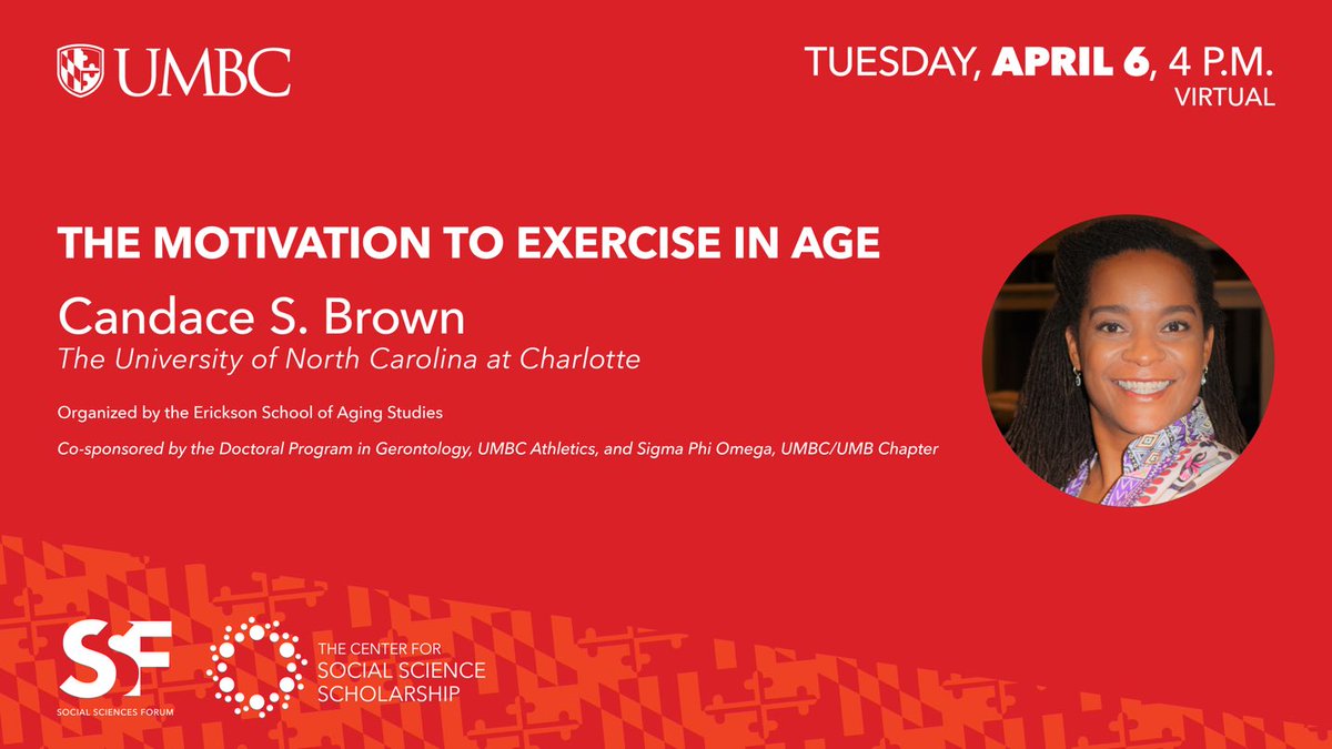 On April 6, Dr. Brown will discuss her research on motivation to exercise among unique populations including Black women triathletes, older Veterans, and most recently - pandemic exercisers. Register at bit.ly/3sAJ4lJ. #UMBCAging #UMBC #LongevityEconomy
