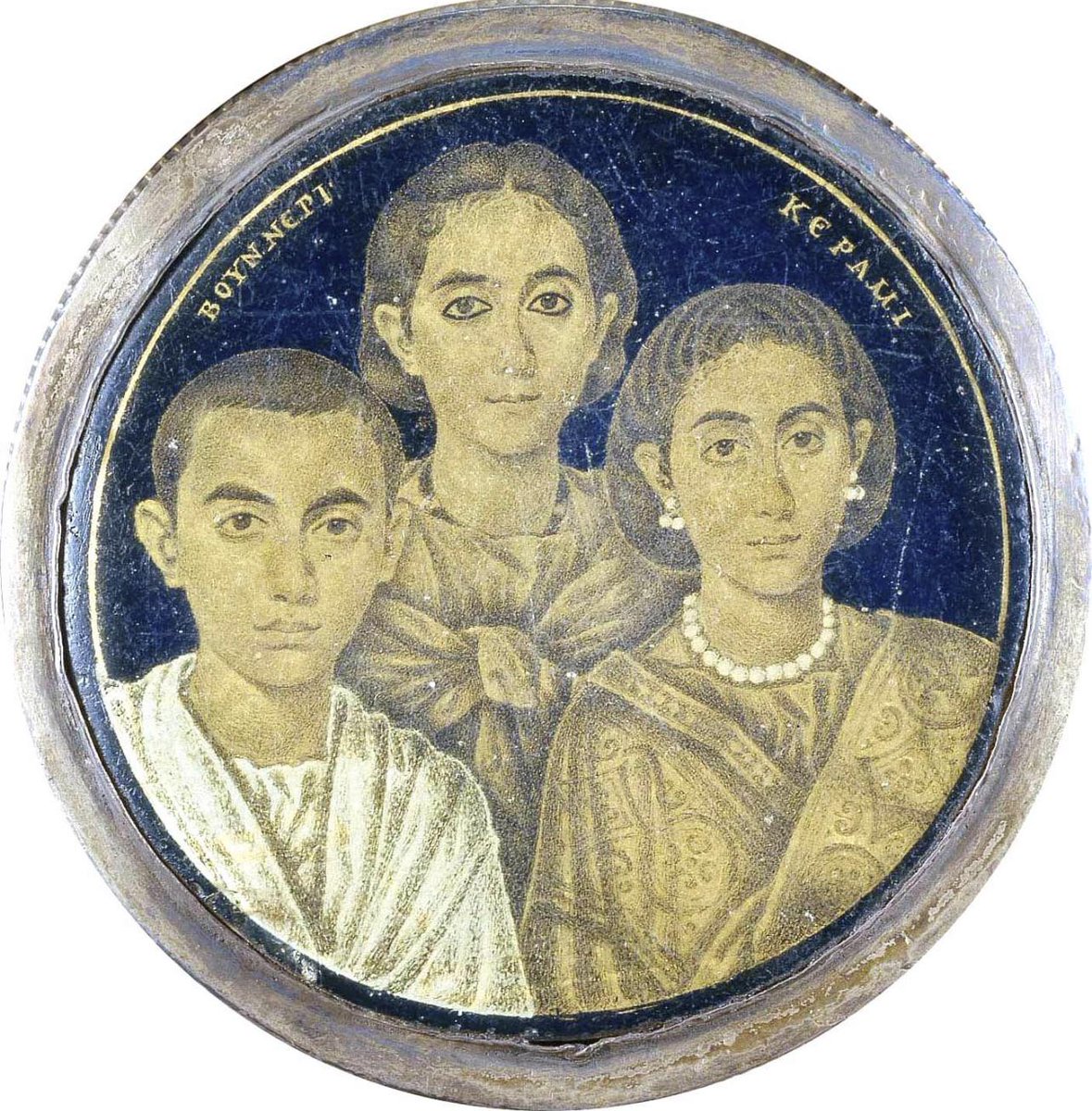 1,800-year-old portrait of a mother and her two children, painted on a gilded glass medallion in Alexandria, Egypt. Date: c. 3rd-4th century AD. Source: Civico Museo Cristiano, Brescia.