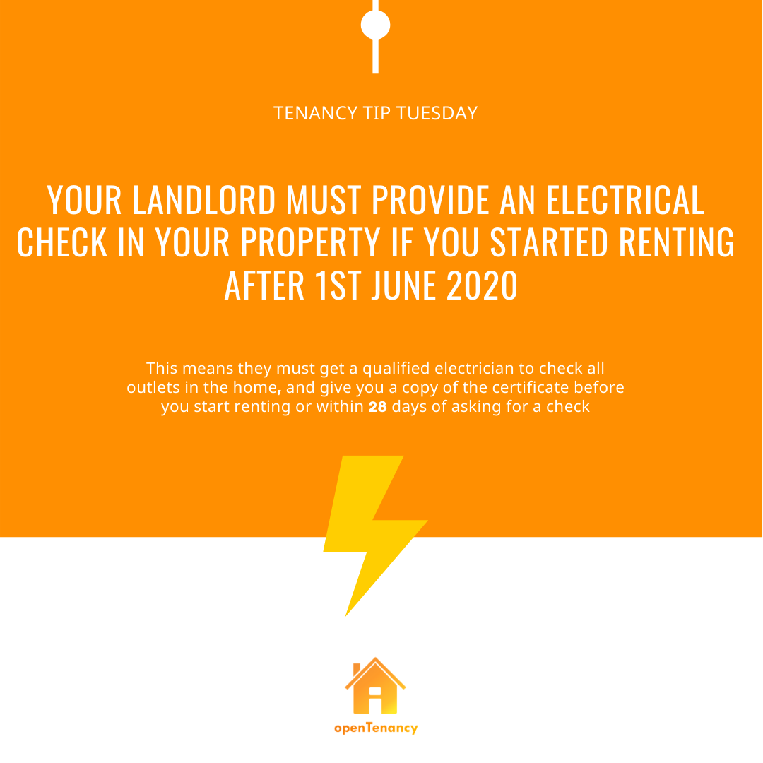 opentenancy_'s tweet photo. Remember to take care of electrical safety in your rented property! If there are any problems found during the check, your landlord must fix them within 28 days. 

#legaltech #lawtech #opentenancy #a2j #accesstojustice #opensource https://t.co/n7BMQzV7mD