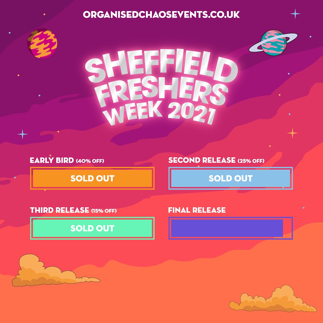 Final call for Sheffield Freshers Week 2021 wristbands! Over 93% of final release bands have now sold and we expect to sell out completely in the next couple of days. ⚠️

Buy now organisedchaosevents.co.uk/sheffield-fres… 🥳🎉