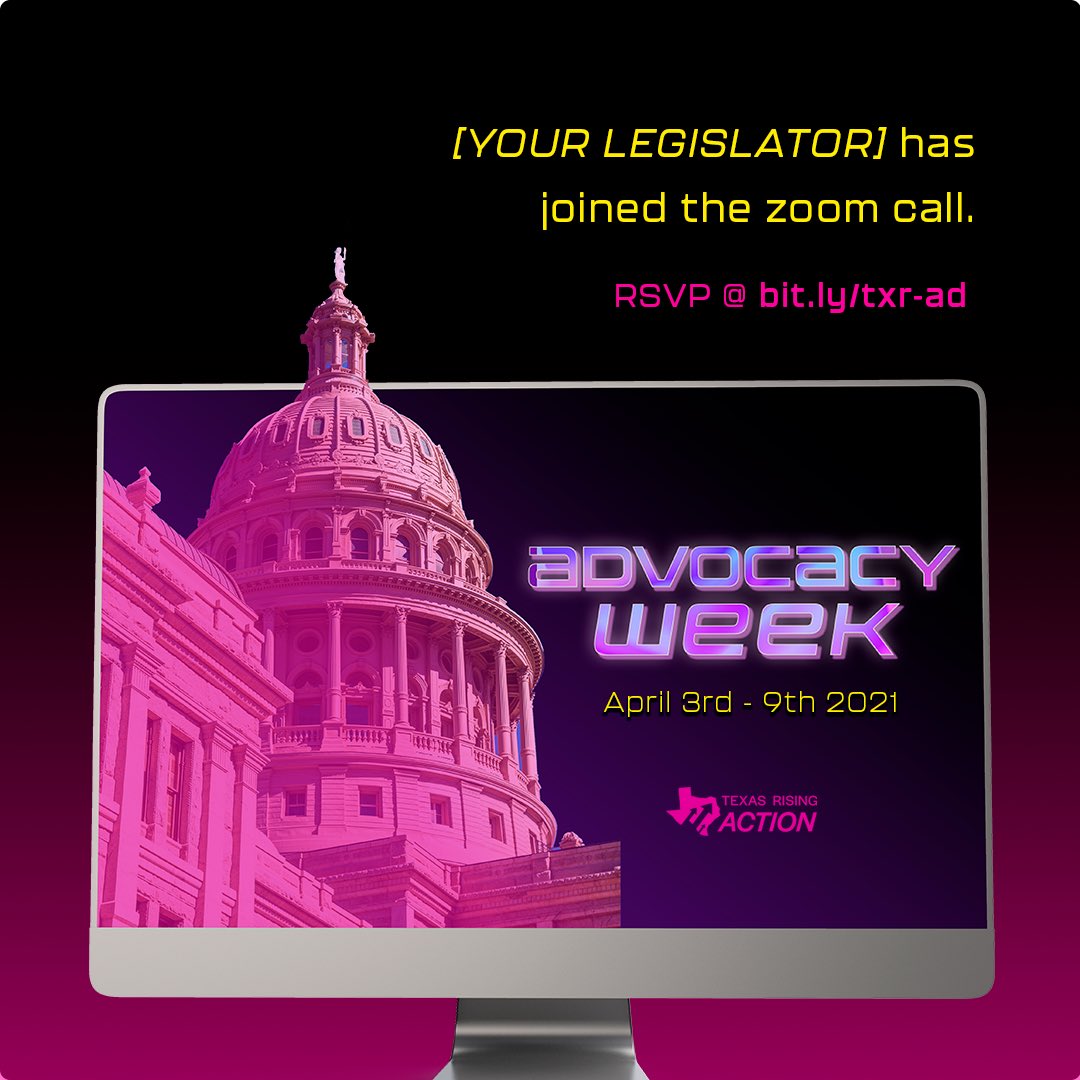 🚨Register ASAP🚨

Texas Lege is in full swing- reps are attacking repro, voting, &amp; lgbtq rights.

This year we are bringing you 📢 Advocacy Week-all virtual-hosted by Texas Rising Action to train up 💯s of young Texans to have lobby meetings with their legislators.