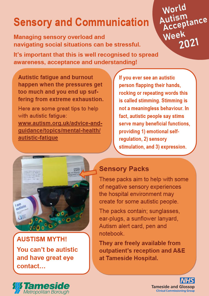 TamesideCouncil's tweet photo. Today's #AutismAcceptance is about sensory & communication experience
Autistic people can find managing sensory overload & navigating social situations difficult
It's important this is recognised to spread awareness, acceptance & understanding
👇 👇#NationalAutismAwarenessWeek https://t.co/6lwYk4LFt8