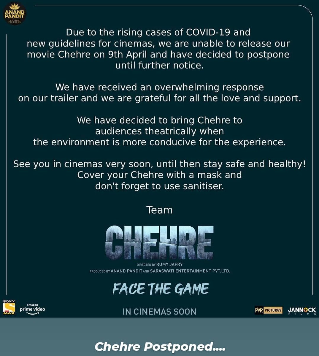 CineRanker's tweet image. #BRUpdate #DailyRoundup

#Chehre starring #AmitabhBachchan &amp;amp; #EmraanHashmi has been postponed citing the worsening CoVID situation especially in #Maharashtra
New release TBD!

#JimmySheirgill starrer #YourHonor S2 begins shoot!

#YamiGautam's look from #AThursday revealed!
#RSVP