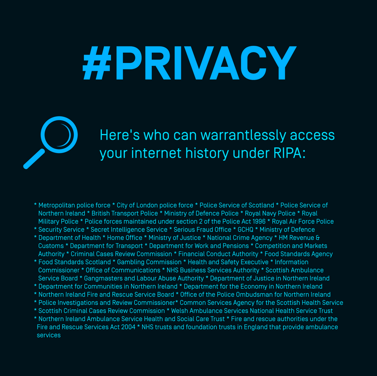 MASQ_ai's tweet photo. Here's a list of everyone that can warrantlessly access 12 months of your internet history under the Regulation of Investigatory Powers Act...

#MASQ #MasqNode #FreeInternet #UncensoredNet #UncensoredInternet #Encrypted #Secure #Anonymous #Decentralisation #OpenInternet https://t.co/0GTR0X4BDN