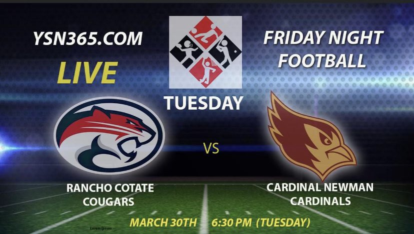 Watch the game tonight!
<a href="/RanchoFootball/">RanchoFootball</a> <a href="/newman_asb/">Cardinal Newman ASB</a> <a href="/MarkKriegel/">Mark Kriegel</a> <a href="/HaroldAbend/">Harold Abend</a>
ysn365.com/live/