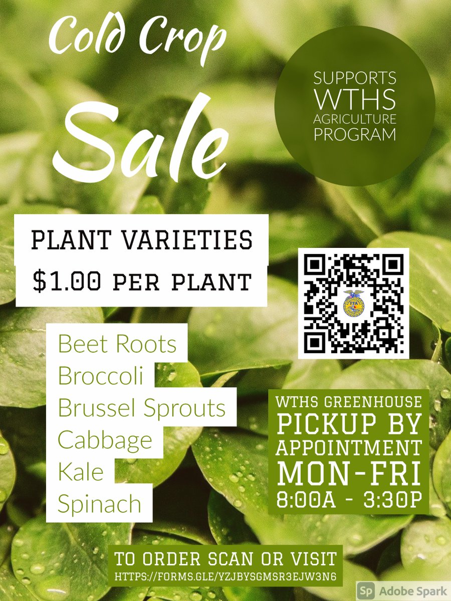 AG Student are holding a cold crop sale ! To your order, click the link (or scan the QR code). Those here at WTHS we can bring your order down to you.  Those ordering from outside the building can schedule a pickup time/date when they place their order. docs.google.com/forms/d/e/1FAI…