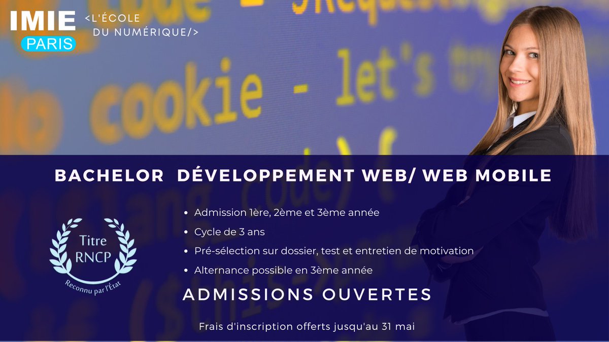 🚨 #BACHELOR #DEVELEPPMENTWEB #IMIEPARIS🚨
🔺 25 places à saisir pour notre prochaine promotion Bachelor #Développement_Web_et_Mobile.
🔺Les admissions sont ouvertes pour la rentrée d'octobre et les frais d'inscription sont offerts jusqu'au 31 mai ! ➡️ lnkd.in/dpAtcMv