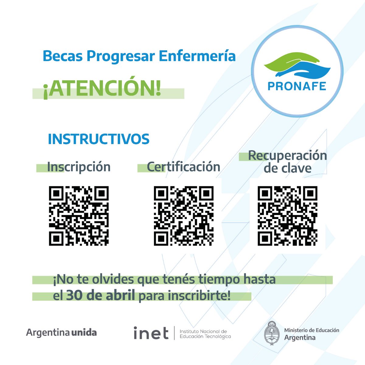 INETetp's tweet photo. ATENCIÓN estudiantes de #Enfermería‼️
Instructivos sobre las Becas #Progresar Enfermería

Escaneá los códigos QR y accedé a videos explicativos sobre:
- cómo inscribirte a las becas
- cómo obtener una certificación académica
- cómo recuperar tu clave

#PRONAFE https://t.co/P0seCB8BUb
