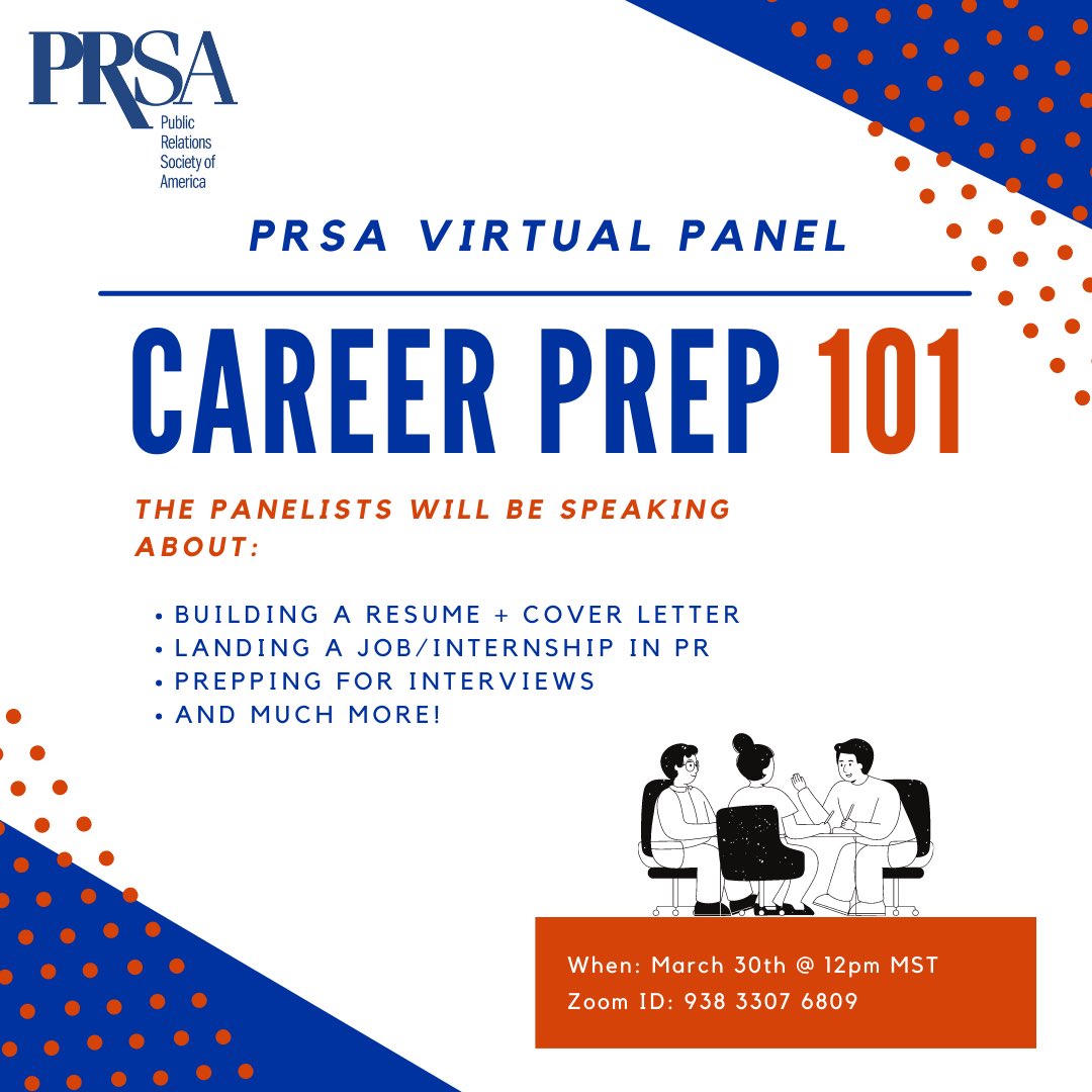 BlueHouseBSU's tweet photo. Join us today at 12pm MST via Zoom for a PRSA virtual panel! Three PR professionals will be speaking about all things career building! 

ZOOM ID: 938 3307 6809 

#prssa #prsa #boisestate #PublicRelations #pr #boisestateuniversity https://t.co/owV9621vwO