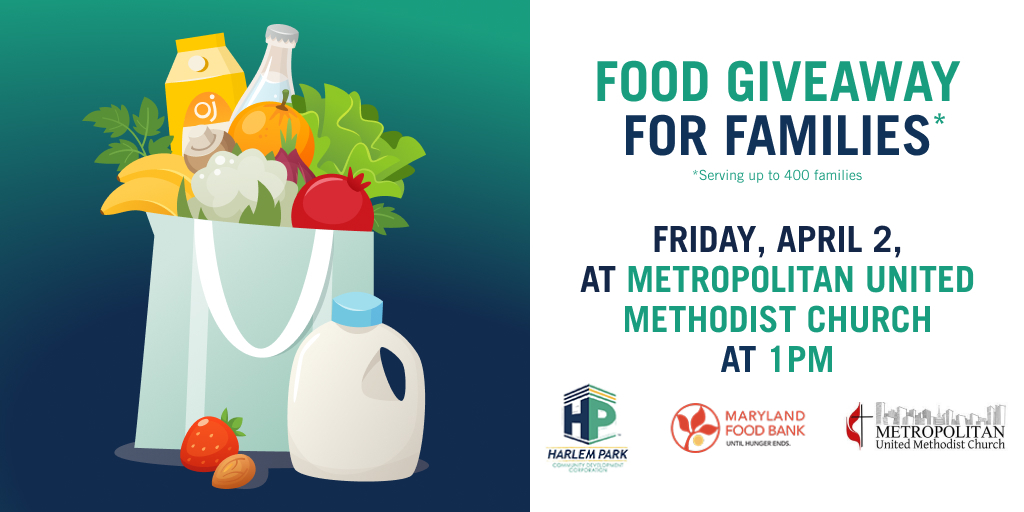 harlemparkcdc's tweet photo. Come out to the Food Giveaway at the Metropolitan United Methodist Church! On Friday we’ll be providing food to up to 400 families in West Baltimore. Learn more: https://t.co/KingBdCKZz
#harlemparkcdc #westbaltimore #foodgiveaway https://t.co/9RytZrE5Fn