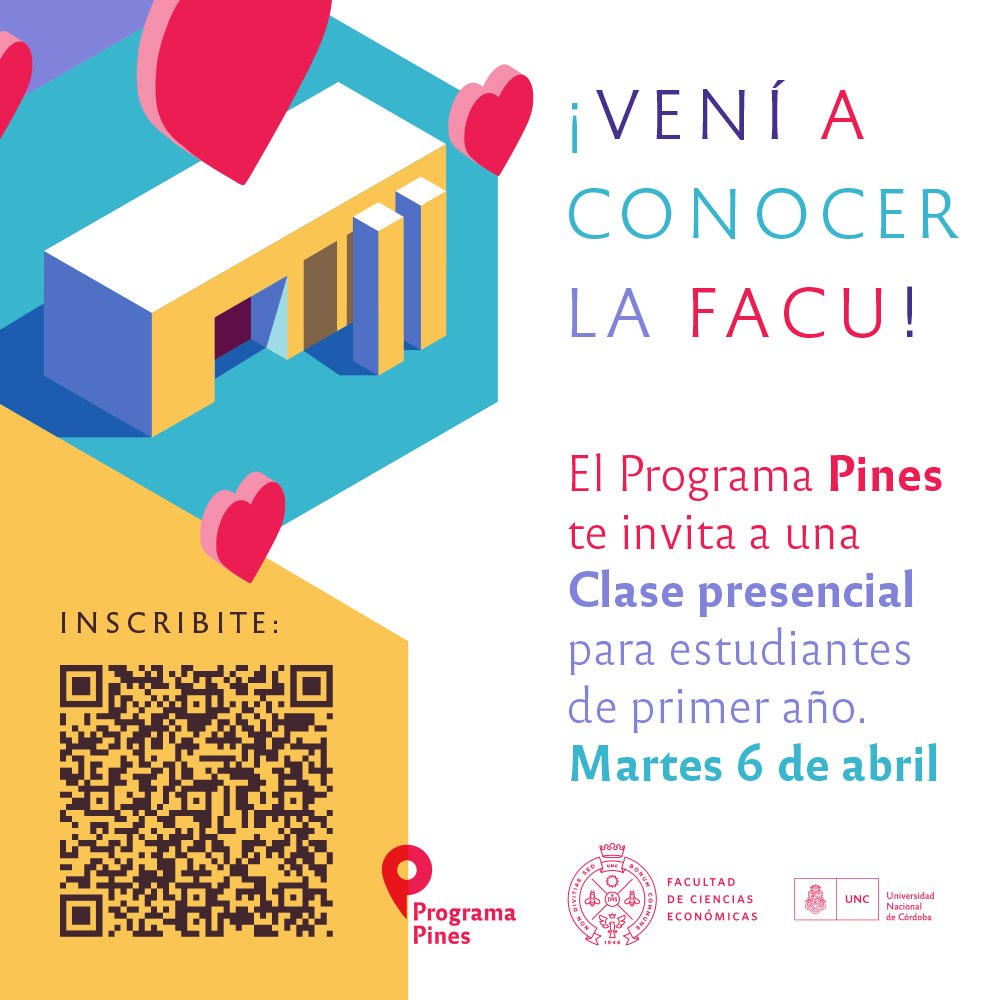 EconomicasUNC's tweet photo. ¿Te gustaría venir a conocer la Facu? 🤩🏫
El #ProgramaPINES invita a #EstudiantesFCE de 1er año a una actividad presencial, con horario a confirmar, donde podrán:
👣 Recorrer la #FCE
😎 Conocer compañeros/as 
🗨️ Resolver dudas con #PINESPares
📲 Escaneá el QR e inscribite https://t.co/1uStey2O8C