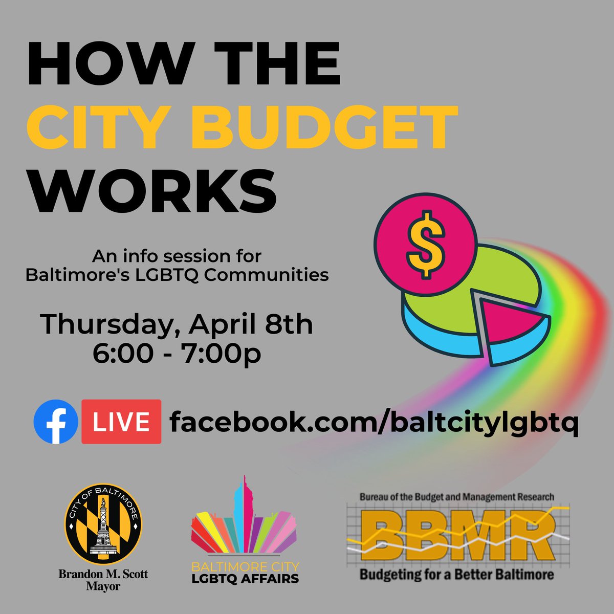 Where the money reside? We're partnering up with the Baltimore City Bureau of the Budget <a href="/baltimorebudget/">Baltimore Budget</a> to provide an info session on how the City budget works! Thursday, April 8th on Facebook Live at facebook.com/baltcitylgbtq #bmoreinclusive