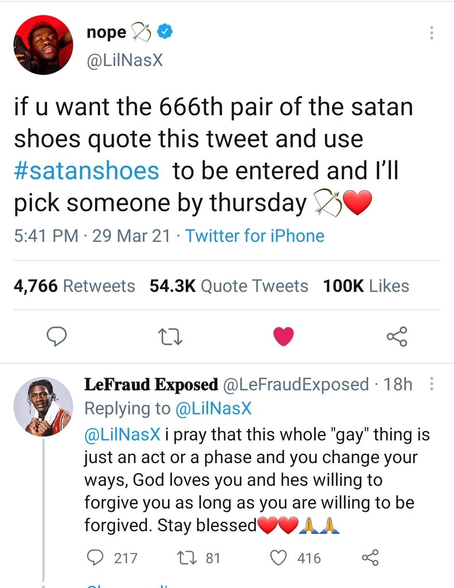 AneyLeos90's tweet photo. @LilNasX I redownloaded Twitter just for this opportunity. I NEED these shoes. Not to resell or put on display, but to wear them OUT AND ABOUT AND PROUD! #satanshoes https://t.co/0O7NVwfHdZ