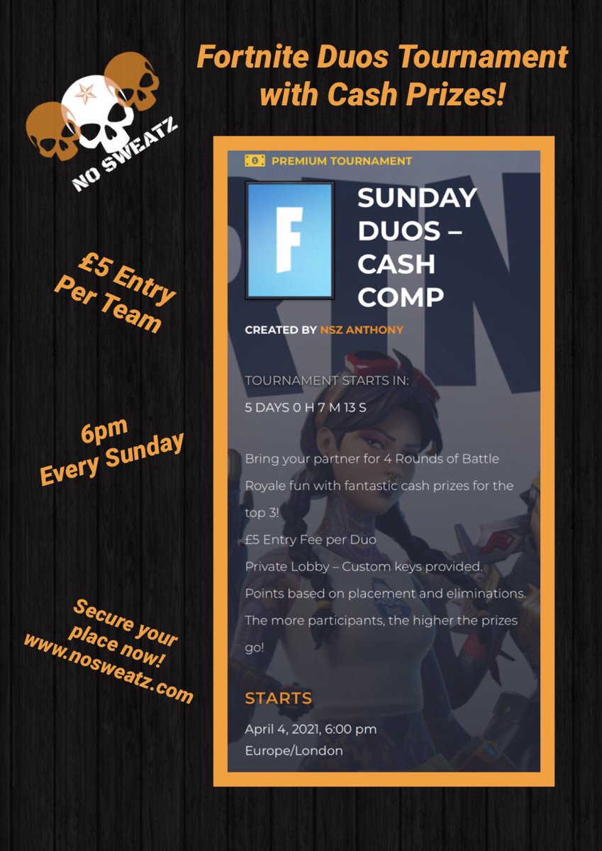 SweatzNo's tweet image. DUOS Cash Tournaments starting this Sunday at No Sweatz. Fantastic cash prizes. Join us for Some Battle Royale fun! 

nosweatz.com 

#duos #fortnite #fortniteclips #fortnitecommunity #nosweatz #gaming #battleroyale #tournament #esports