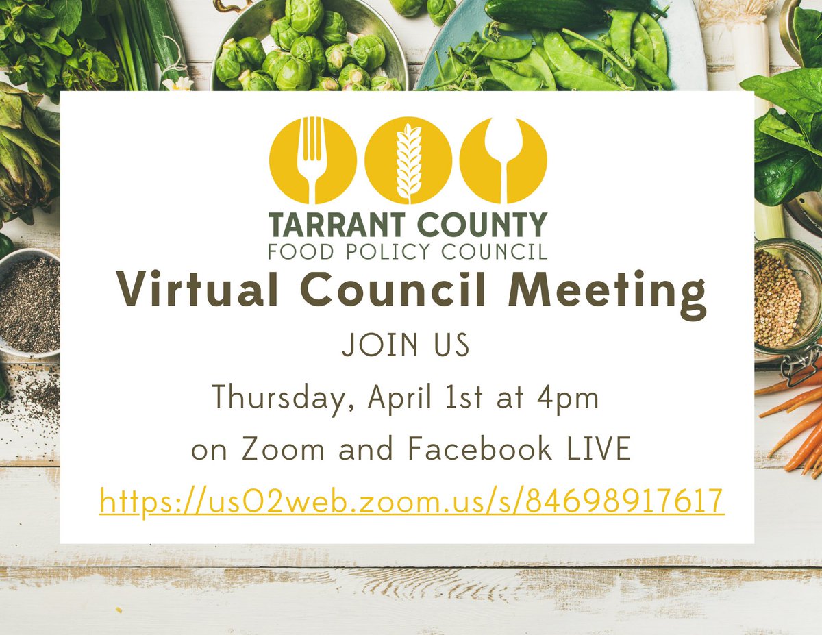 tarrantFPC's tweet photo. All are welcome. Please plan to join us for our virtual April general council meeting! Thursday, April 1st at 4:00 pm CST. Guest speakers from @CCFortWorth will share about TEAM 76104 food access efforts and disaster response in our county. https://t.co/w1y3awApcU https://t.co/JipNd7MBcf