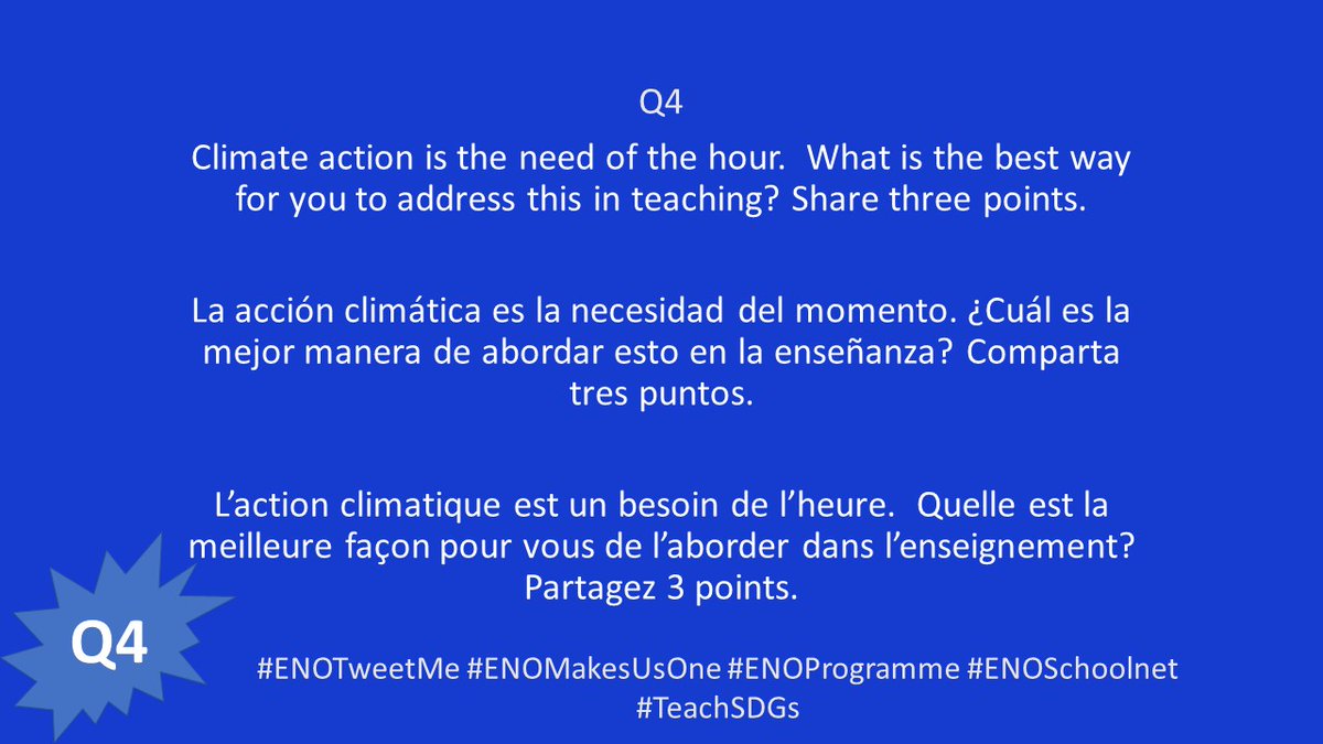 enoprogramme's tweet photo. Q4: Climate action is the need of the hour. What is the best way for you to address this in teaching? Share three points.
If re-tweeting, start the reply with A4:
Use hashtags #ENOTweetMe #ENOMakesUsOne #ENOProgramme #ENOSchoolnet #TeachSGDs https://t.co/AJfOHuA7CE