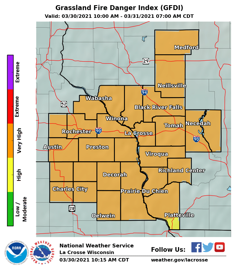 The Grassland #Fire Index today is VERY HIGH throughout SE #Minnesota including #Rochester. 

Starting any kinds of fires are heavily discouraged as it will escape containment easily.

Also, do not through cigarettes out your car window and avoid making sparks.

#MNwx #RochMN https://t.co/luX2sQ27YK