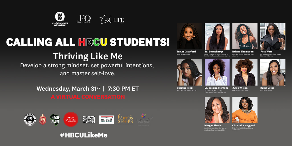 femalequotient's tweet photo. If you have a desire to develop a strong mindset, set powerful intentions, and master self-love, join us tomorrow with @ww_us and #TaiLifeMedia: https://t.co/UFNxjQxcUL
#HBCULikeMe #HBCUWeek #HBCUPulse #HBCUAlum #HBCUSince #SaveAGirl_SaveAWorld #CovidClassroom #DSTinc1913 https://t.co/5WFUOhjxt0