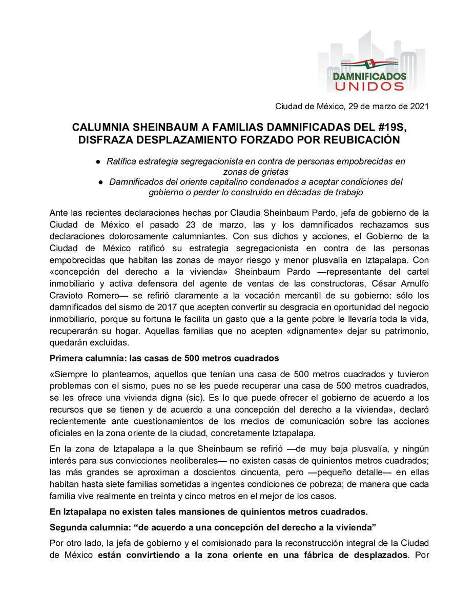 DUCDMX's tweet photo. 📣 Agradecemos leer y compartir nuestro📣 
Calumnia Sheinbaum a familias damnificadas del #19s, disfraza desplazamiento forzado por reubicación. https://t.co/pxO035q6Uh