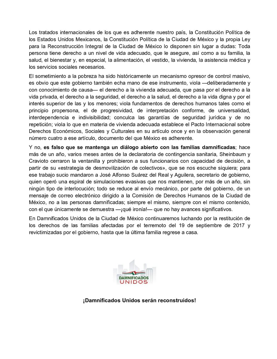 DUCDMX's tweet photo. 📣 Agradecemos leer y compartir nuestro📣 
Calumnia Sheinbaum a familias damnificadas del #19s, disfraza desplazamiento forzado por reubicación. https://t.co/pxO035q6Uh