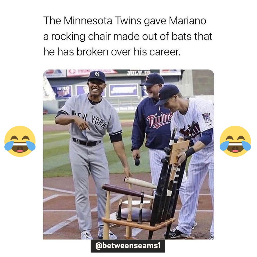 The Minnestoa Twins gave Mariano a rocking chair made out of bats that he has broken over his career. .
.
.
.
#BetweenTheSeams #BetweenSeams1 ##béisbol #mlb
#baseballmemes #baseballboys #baseball #baseballism #baseballt #baseballlife #baseballcards #baseballbat #baseballfan