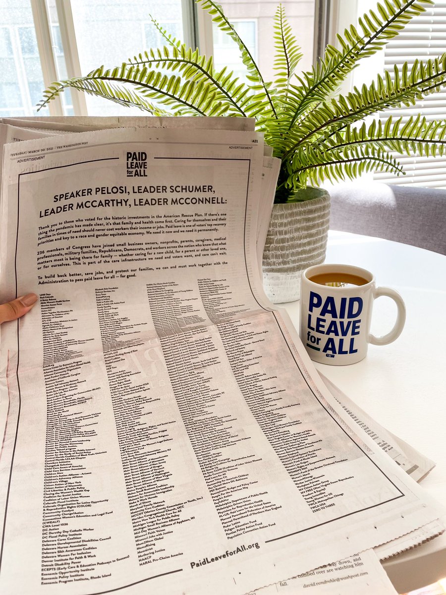 Nothing like starting the day with sunshine, a fresh cup of coffee, and seeing over 400 organizations from across the country fighting for #PaidLeaveForAll in the <a href="/washingtonpost/">The Washington Post</a>. 

We need #paidleave now and we need it permanently.