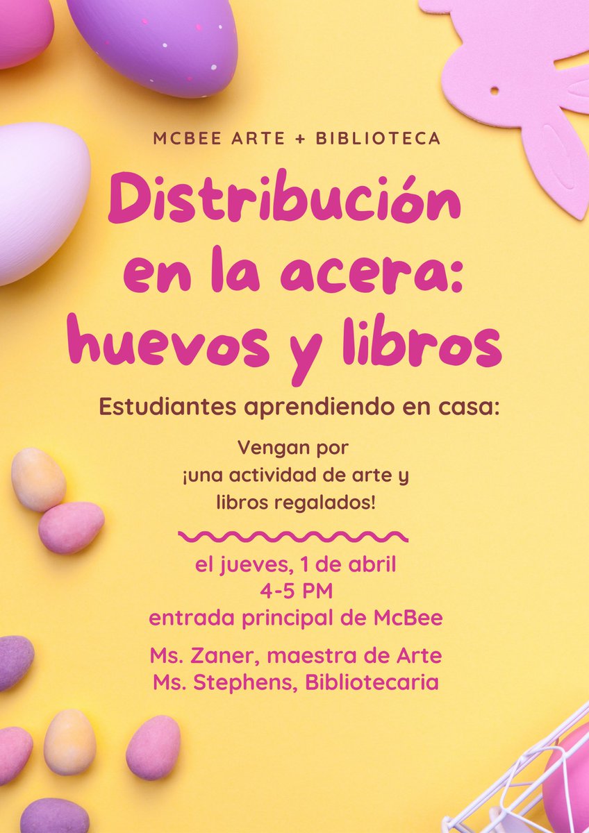 MsZaner's tweet photo. Library and Art Curbside “EGG”stravaganza THURSDAY! Drive-thru @ElementaryMcbee anytime from 4-5pm and get some new books and an “egg”cellent Art activity kit! @AustinISD @aisdparents https://t.co/4KBZ7r3RFr