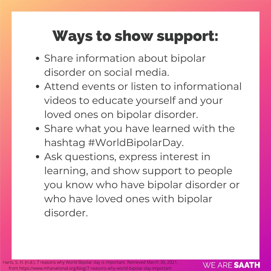wearesaath's tweet photo. * Ask questions, express interest in learning, and show support to people you know who have bipolar disorder or who have loved ones with bipolar disorder.

#BipolarAwarenessDay #bipolardisorder #Bipolar #BipolarStrong #bipolarday #WeAreSaath https://t.co/v5oyZZQXeS