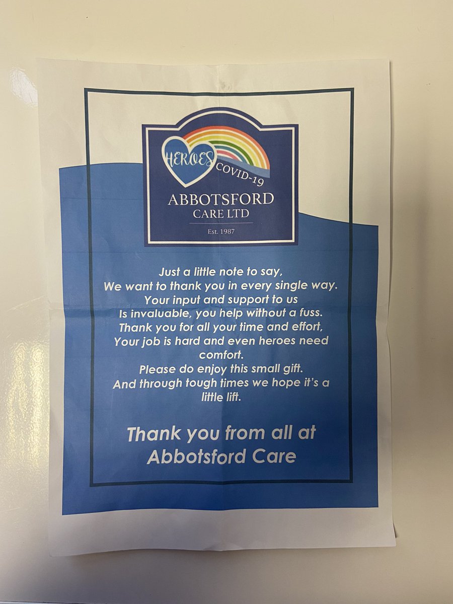 Salstweeting's tweet photo. The care home hub were really touched to get a unique and generous thank you from our Abbotsford Care colleagues. Totally ‘right back at you’ with the message included in the wee parcel of goodies. Thank you @AlyMcKechnie @YvonneSManson https://t.co/SJB1fTdn36